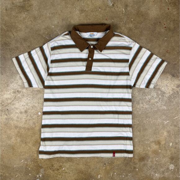 Vintage Levi’s Polo Shirt Men’s Large Brown White Striped Y2K Made in Pakistan - Picture 1 of 10